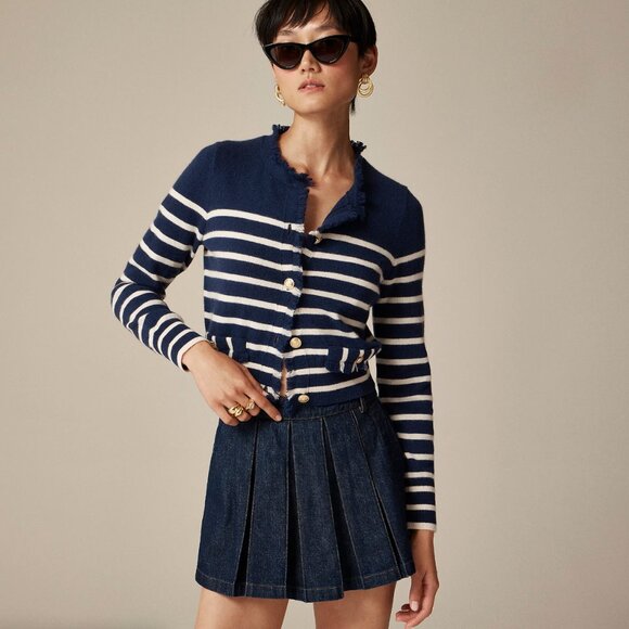J.CREW 100% Cashmere Fringe-Trim Sweater Lady Jacket Evening Muslin Navy Size XL - Picture 1 of 12